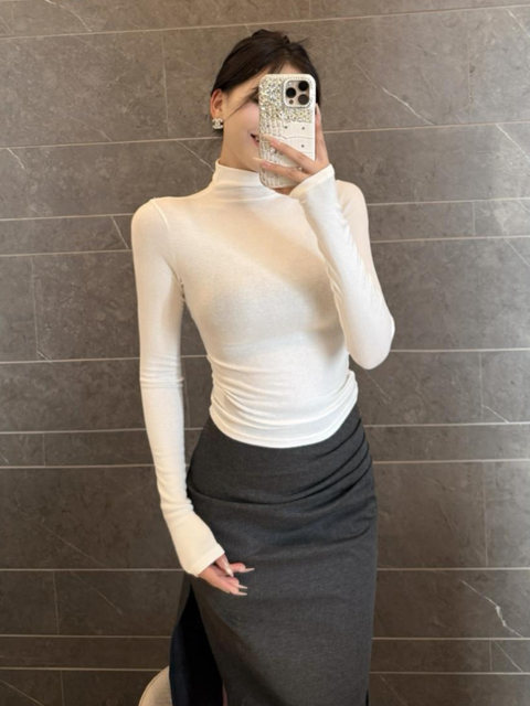 American-Style Spicy Girl Half-High Collar Long-Sleeve Base Shirt for Women, Autumn/Winter 2025 New Slim-Fit Inner T-Shirt Top