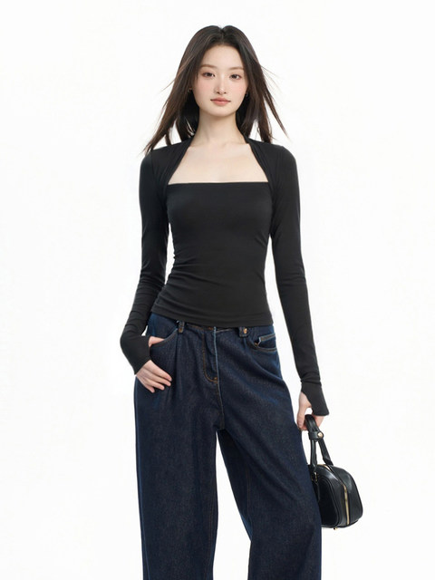 Sexy Style Spicy Girl Square Neck Long-Sleeve T-Shirt for Women, Spring and Autumn 2026 New Slim Fit Body-Hugging Base Shirt Inner Top