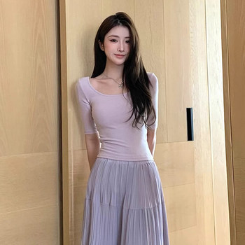 Front and Back U-Neck Sexy Short-Sleeve Base T-Shirt for Women, Spring and Summer Tight-Fitting Mid-Sleeve Pure Desire Slimming Stretchy Light Purple Top