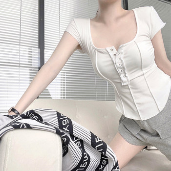 Trendy and Unique Low-Neck Short-Sleeve T-Shirt for Women, Summer 2025 New Style, Pure and Alluring Style, Waist-Cinching, Slimming, Short U-Neck Top