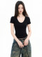 Black U-Neck Short-Sleeve T-Shirt for Women, Summer Sexy Low-Neck Revealing Collarbone, Slim Fit, Regular Shoulder, Slimming Base Shirt Top