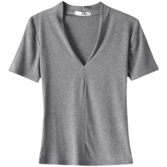 2025 Summer Modal Short-Sleeved Black T-Shirt for Women New Scheming Sexy Deep V Neck Slim Inner Pure Color Top