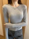 Basic Gray Round-Neck Ribbed Base Shirt T-Shirt for Women, Suitable for Autumn and Winter, Can Be Worn as an Inner Layer or Outerwear, Slim-Fit Long-Sleeve Top