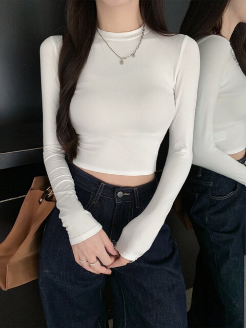 Solid Color Round Neck Long Sleeve T-Shirt for Women, Spring and Autumn American Style, Petite High-Waisted Short Top, Regular Shoulder Fit, Slim Fit Base Shirt