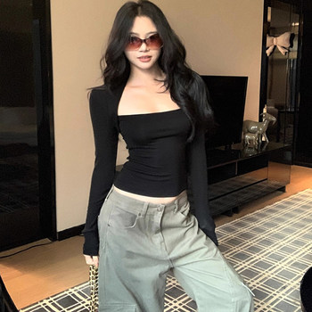 American-Style Black Square-Neck Long-Sleeve Base T-Shirt for Women, Autumn and Winter, Pure Desire Spicy Girl Slim-Fit Faux Two-Piece Low-Neck Top