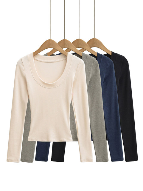 Trendy U-Neck Long-Sleeve T-Shirt for Women, Early Spring 2026 New Style, Can Be Worn Outside, Slim Fit, Versatile Base Shirt Top