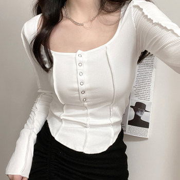 Low U-Neck Long-Sleeve T-Shirt for Women, Revealing Collarbone, Autumn, Winter, Spring, Stylish Design, Pure and Alluring Style, Short Top, Base Layer, Inner Wear