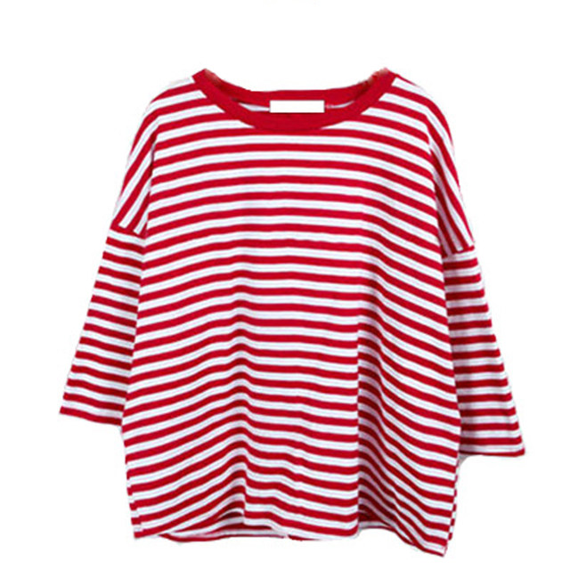 Red and White Striped Mid-Sleeve T-Shirt for Women, Batwing Sleeve, Loose Fit, Student Style, Ins Half-Sleeve Top, Summer and Autumn Korean Style Loose Base Shirt