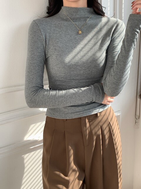 Half-Turtleneck Long-Sleeve T-Shirt for Women, Autumn and Winter Season, Regular Shoulder Fit, Brushed Thin Fleece, Warm, Ruched, Slim-Fit Base Layer Top