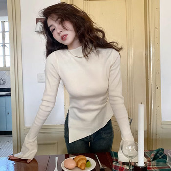 Half Turtleneck with Bell Sleeves, Knitted Sweater, Women's Autumn and Winter Design, Irregular Slit Hem Top