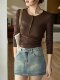 Chic Buttoned Long Sleeve T-Shirt for Women, New Autumn/Winter Style, Elegant and Versatile, Waist-Cinching Ruched Base Layer Top