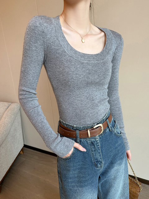Autumn and Winter U-Neck Long-Sleeve Base Layer Shirt for Women 2025 New American Style Slim Fit Versatile Regular Shoulder Top