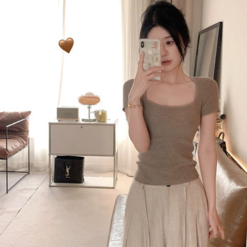 French-Style Square-Neck Short-Sleeve Wool Knit Top for Women, Summer 2025, Pure and Alluring Style, Waist-Cinching, Slim-Fit, Short T-Shirt Top