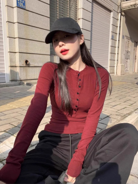 Half-Open Collar Buttoned Long-Sleeve T-Shirt for Women, Early Autumn American Style, Trendy Versatile Slim-Fit Base Layer Top