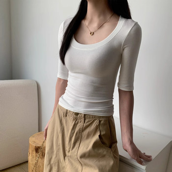 Tight-Fitting, Straight-Shoulder, Mid-Sleeve, U-Neck T-Shirt for Women, Summer 2025 New Style, American Retro, Waist-Cinching, Slim-Fit, Flattering Top for Trendy Girls