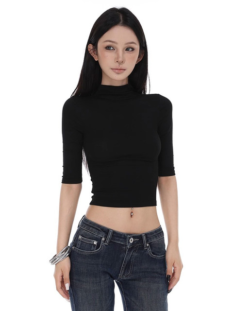 Minimalist Half-High Collar Mid-Sleeve T-Shirt for Women, Summer Style, Elegant, Slim-Fitting, Flattering, High-End, Versatile Base Shirt Top, Trendy