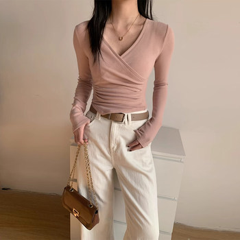 Irregular Cross V-Neck Long-Sleeved Knitwear for Women Early Spring 2025 New Slim-Fitting Short Style Inner Layering Shirt Top