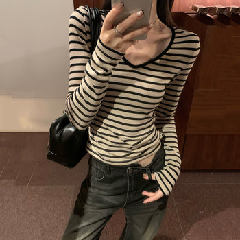 Contrast Color Striped V-Neck Long-Sleeve T-Shirt for Women, Autumn/Winter 2025 New Korean Style Slim Fit Base Layer Chic Top