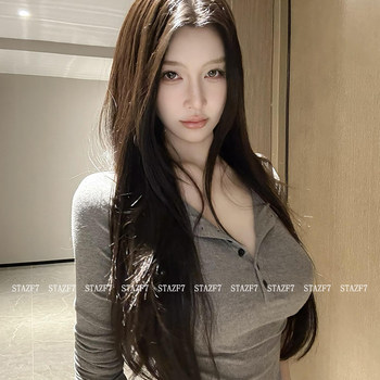 Henley Collar Long-Sleeve Base Layer T-Shirt for Women, Autumn and Winter Design, Slim Fit, Versatile, Flattering Half-Open Collar Top