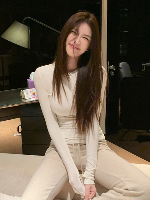 Lyocell Tencel Wool Round Neck Long-Sleeve T-Shirt for Women, Spring American Style Cool Slim-Fit Base Layer Top