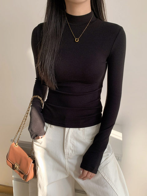 Half-Turtleneck Base Layer Shirt for Women, Suitable for Autumn and Winter, Stylish, Skin-Friendly, Versatile, Elegant, Slim-Fit, Stand-Up Collar, Long-Sleeve T-Shirt Top