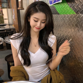 2025 Summer Trendy White Slim-Fit Modal V-Neck Short-Sleeve T-Shirt with Unique Design Women's Fashion