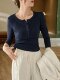 Chic Buttoned Long Sleeve T-Shirt for Women, New Autumn/Winter Style, Elegant and Versatile, Waist-Cinching Ruched Base Layer Top