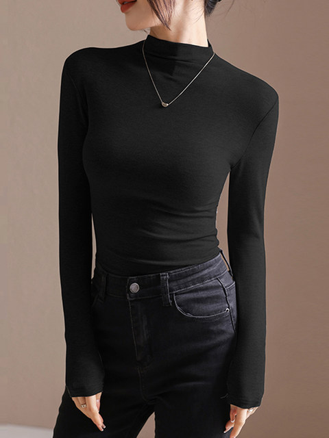 Half-Turtleneck Long-Sleeve Base Layer T-Shirt for Women, Autumn and Winter Thickened Brushed Fabric, Slim Fit, Flattering, Versatile, Simple Inner Wear Top