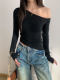 Irregular Off-Shoulder Long-Sleeve T-Shirt for Women, Autumn and Winter, Sexy Pure Desire Design, Asymmetrical Shoulder, Slim Fit, Asymmetrical Neckline, Spicy Girl Top