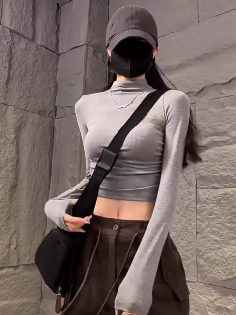 Slim-Fit Ruched Waist Long-Sleeve T-Shirt for Women, Autumn and Winter American Style, Flattering and Waist-Cinching Short Base Layer Top