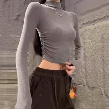 Slim-Fit Ruched Waist Long-Sleeve T-Shirt for Women, Autumn and Winter American Style, Flattering and Waist-Cinching Short Base Layer Top