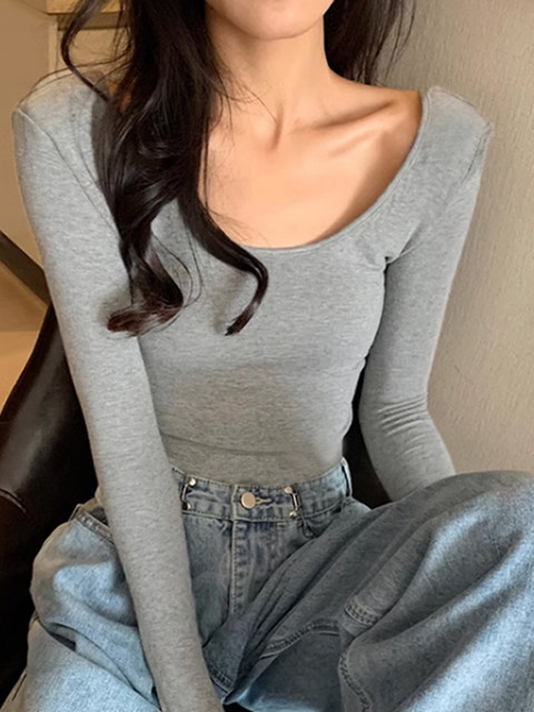 Early Autumn Chic Low-Neck High-Waisted Long-Sleeve T-Shirt for Women, Popular 2025 European Style Slim-Fit Flattering U-Neck Base Shirt, Beautiful Top