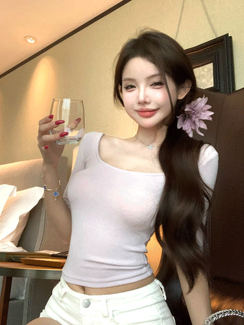 Trendy Design Mid-Sleeve U-Neck T-Shirt for Women, Summer 2025 New Style, Sexy Slim-Fit Base Shirt, Inner Wear, Hot Girl Top