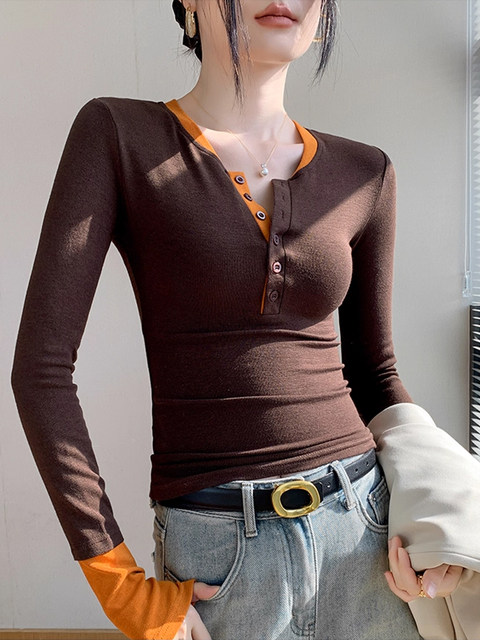 Contrast Color Half-Open Collar Button-Down Base Shirt for Women, New Autumn and Winter American Style Hot Girl High-End Long-Sleeve T-Shirt Top
