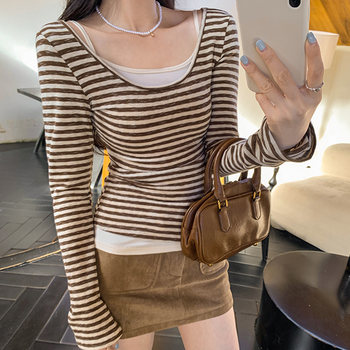 Melard Coffee-Colored Striped Long-Sleeve T-Shirt for Women, Autumn and Winter, Two-Piece Style with Contrasting Colors, Layered Look, Relaxed Fit, Inner Layering Top
