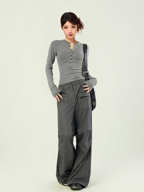 Gray Half-Open Collar Buttoned Long-Sleeve T-Shirt for Women, Autumn and Winter American Style, Slim Fit, Inner Layer Base Shirt Top