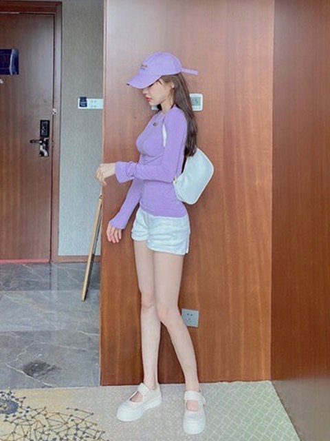 American-Style Spicy Girl Tight-Fitting Purple Long-Sleeve T-Shirt for Women, Super Stylish and Slimming Round-Neck Base Shirt for Autumn and Winter