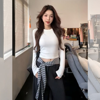 Hot Girl Style Short Waist-Cinching Long-Sleeve Base Layer Top for Women, Autumn and Winter American Style Versatile Slim-Fit Slimming Base Shirt