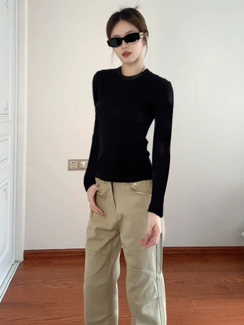 Black Straight-Shoulder Long-Sleeve T-Shirt for Women, Autumn and Winter Basic Style, Versatile, Slim-Fit, Flattering, Inner Layering Top