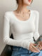 Solid Color Slim-Fit Long-Sleeve Simple Base Shirt for Women, Autumn and Winter Versatile Slimming U-Neck Top