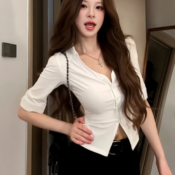 French-Style Pure Desire Polo Shirt, Mid-Sleeve T-Shirt for Women, Summer and Autumn, Waist-Cinching, Slimming, Simple, Elegant, High-End T-Shirt Top