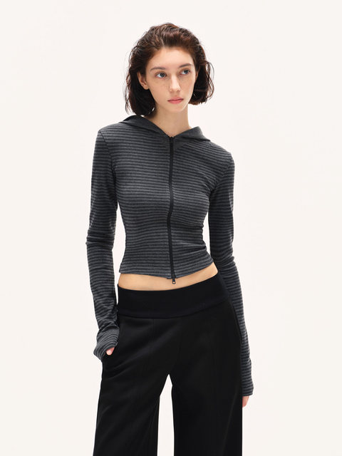 American-Style Spicy Girl Slim-Fit Striped Hooded Sweatshirt Jacket for Women, Autumn and Winter Minimalist Style, Slimming, Regular Shoulder, Short, Fitted Hoodie