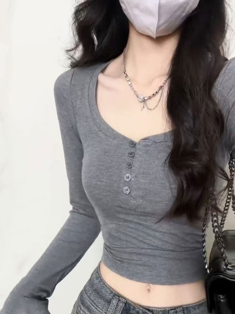 American-Style Tight-Fitting U-Neck Long-Sleeve T-Shirt for Women, Autumn and Winter Inner Wear, High-Waisted, Slimming, Stylish, Short, Midriff-Baring, Sexy Base Layer Top