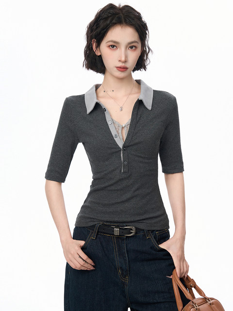 Gray Polo Collar Lace Fake Two-Piece Short-Sleeved T-Shirt for Women, Summer Design with a Unique and Cool Style, Half-Sleeve Top ins