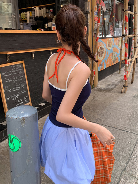 American-Style Spicy Girl Fake Two-Piece Halter Neck Camisole for Women, Summer Design, Niche Style with Chest Pads, Beautiful Back, Sleeveless Top