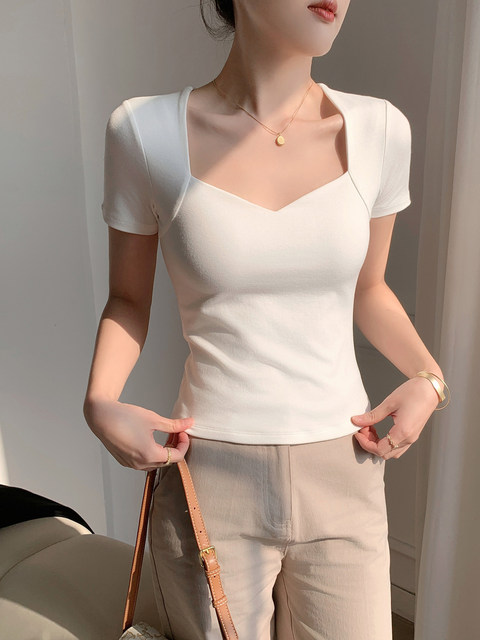 Trendy Design Sweetheart Neckline Short-Sleeve T-Shirt for Women, Spring/Summer 2026 New Stylish Slim-Fit Cropped Square-Neck Top