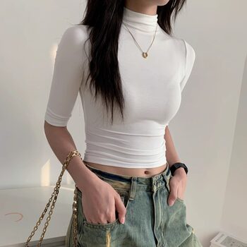 American Style Spicy Girl Half-High Collar Mid-Sleeve Tight-Fitting T-Shirt for Women, Summer 2025 New Slim-Fit Flattering Five-Quarter Sleeve Top