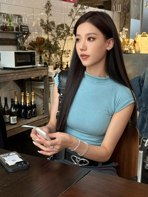 Casual Half-High Collar, Straight Shoulder, Short-Sleeved T-Shirt for Women, Summer Hot Girl Style, Figure-Flattering Design, Niche Slim-Fitting Top