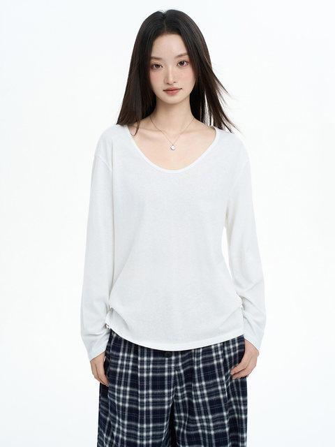 Casual White V-Neck Long-Sleeve T-Shirt for Women, Autumn/Winter 2025 New Style, Loose Fit, Slimming, Layering, Versatile Base Layer Top