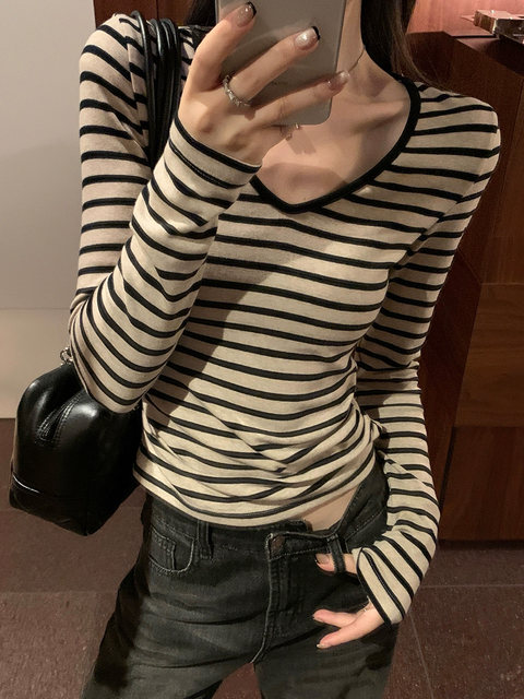 Contrast Color Striped V-Neck Long-Sleeve T-Shirt for Women, Autumn/Winter 2025 New Korean Style Slim Fit Base Layer Chic Top